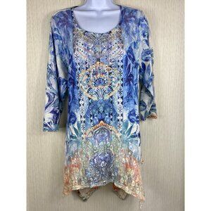 One World Size XL Blue Purple Paisley Print Tunic Top Beaded Lace Asymmetrical